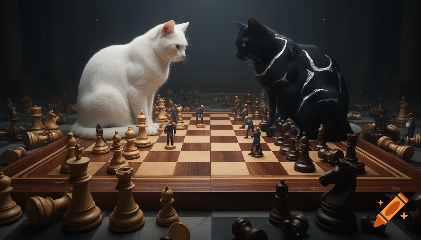 Photorealistic image of giant white and black cats playing chess with tiny human figures as pieces on an enormous board.
