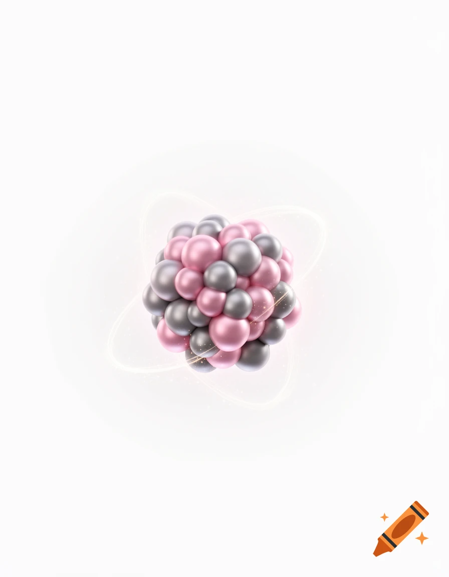 Abstract depiction of an atomic nucleus with pink and gray spheres surrounded by glowing energy on a white background.