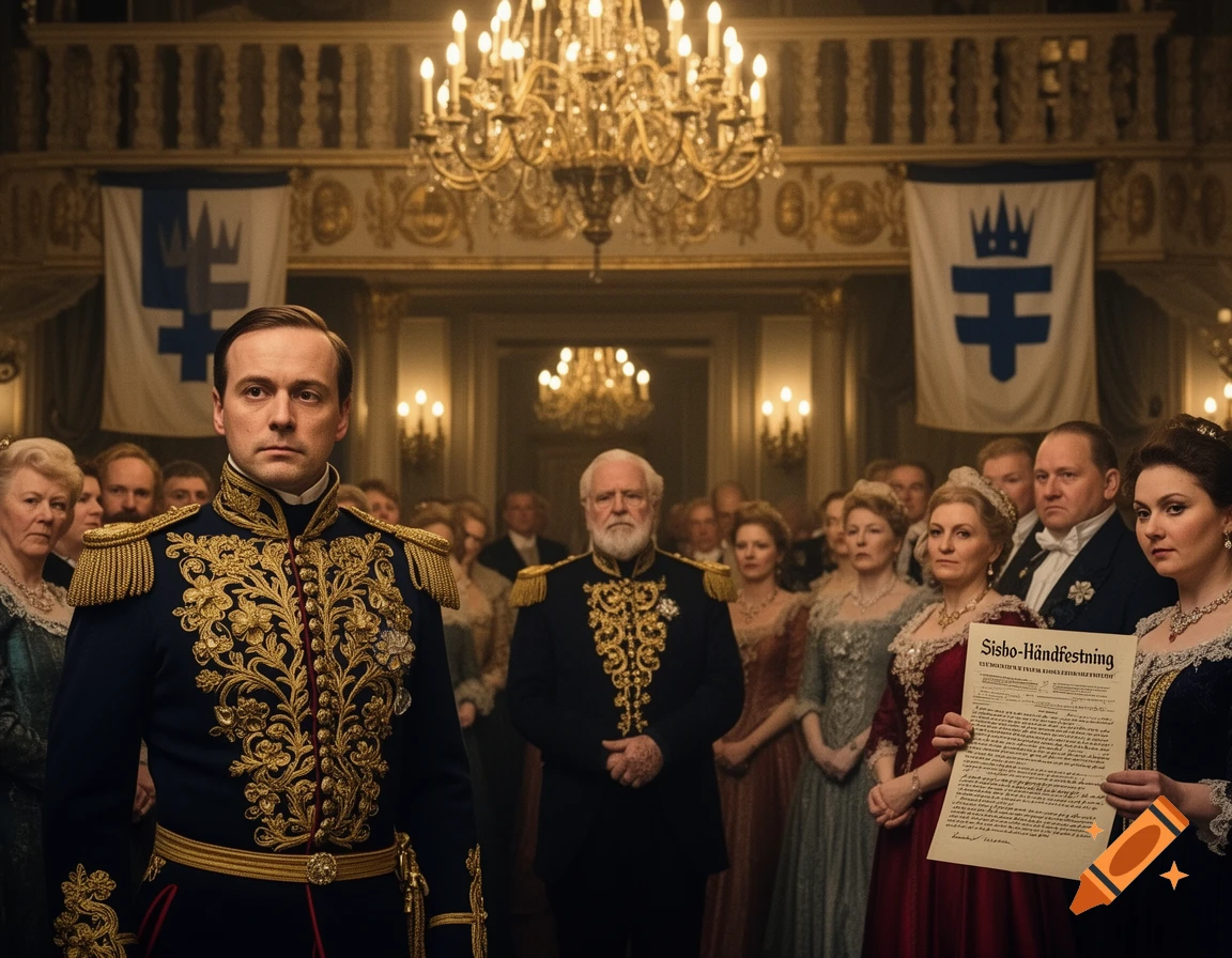 A formal portrait of a man in an ornate military uniform standing in a grand hall, with other elegantly dressed people and chandeliers in the background. A woman holds a document titled "Sisho-Håndfæstning".