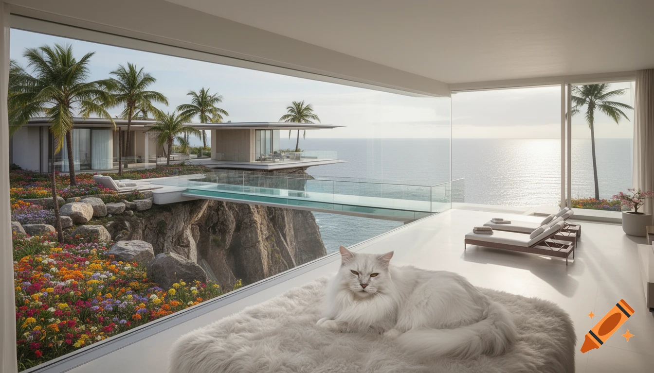 A fluffy white cat rests on a white rug in a luxurious modern room with ocean views, a cantilevered infinity pool, and a multi-building resort on a cliff.