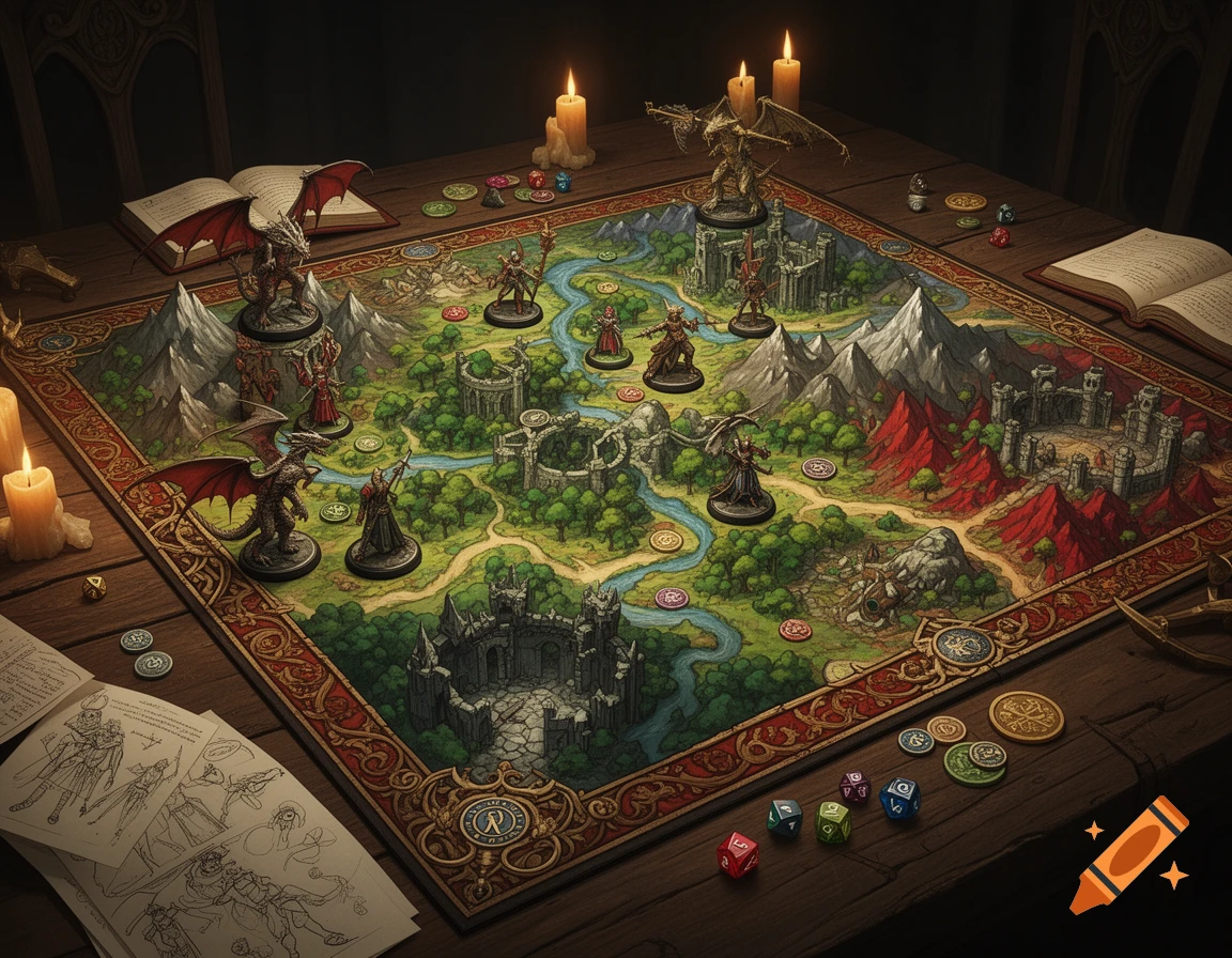 An overhead view of a detailed fantasy board game with a sculpted map, miniatures, dice, and open books on a wooden table, lit by candles.