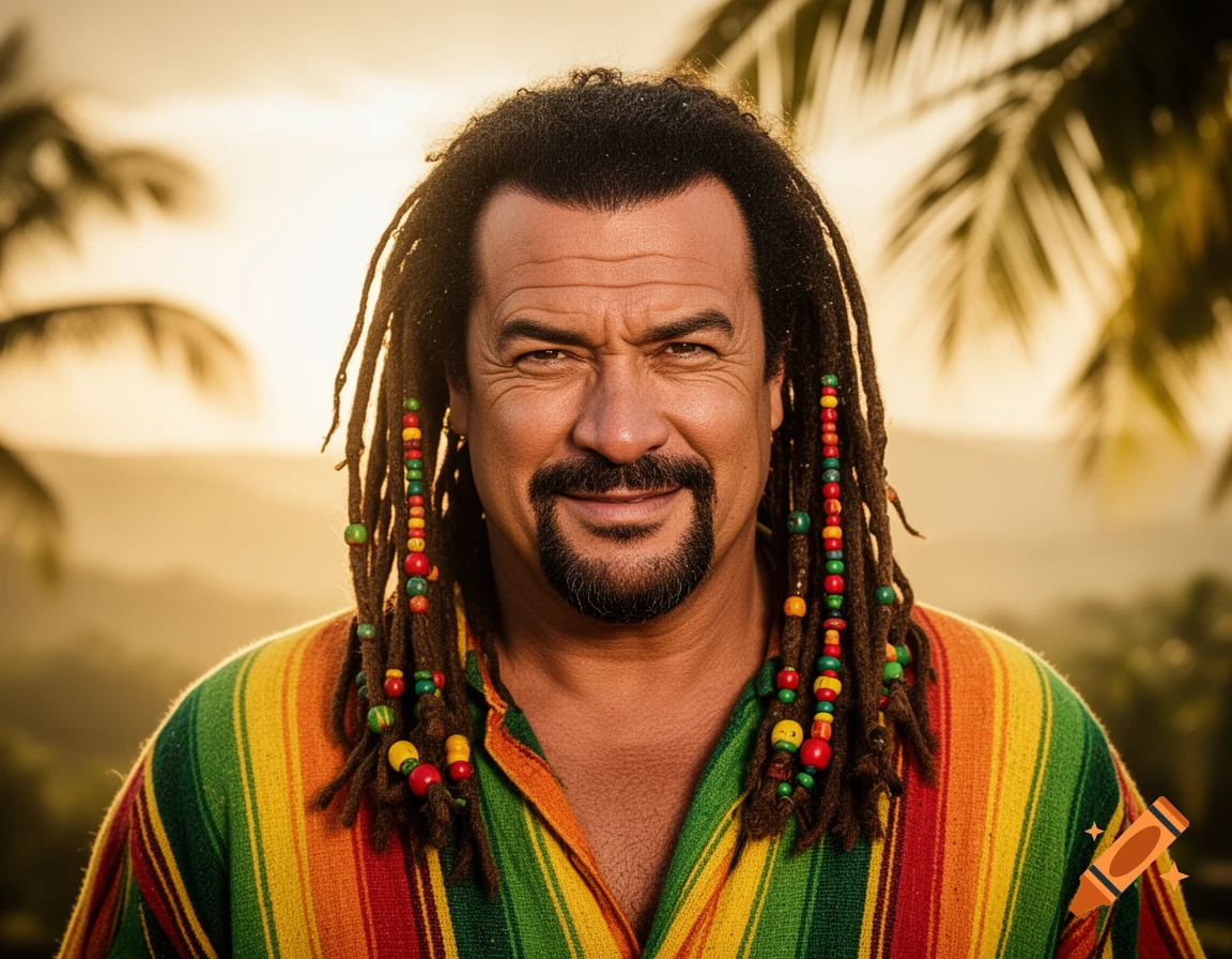 A man with dreadlocks adorned with colorful beads and a beard smiles, wearing a striped, colorful shirt against a tropical sunset background.