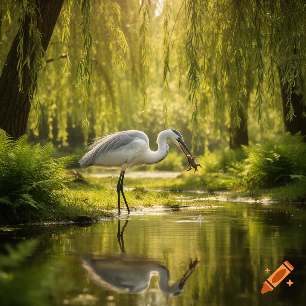 A heron stands in shallow water, holding a frog in its beak, surrounded by lush green foliage and sunlit willow trees.