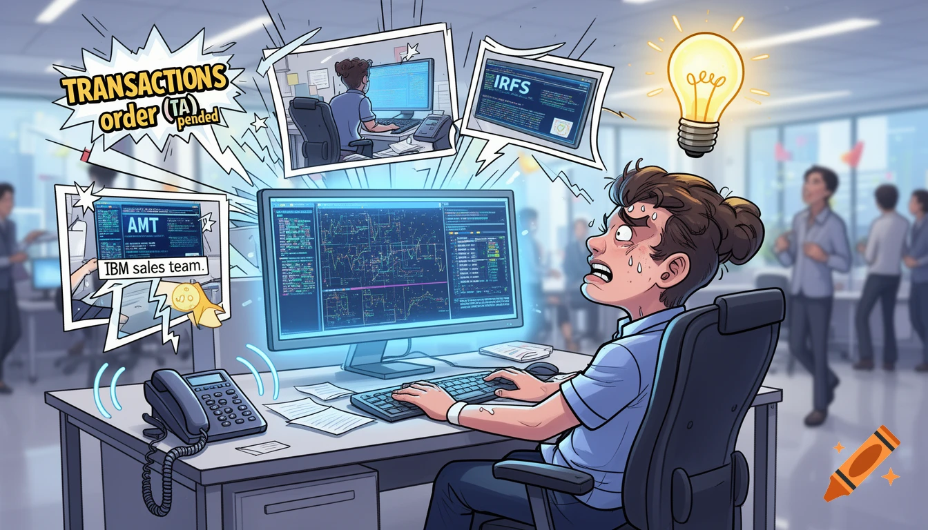 Cartoon drawing of a stressed person at a computer in an office, surrounded by urgent notifications and a ringing phone.