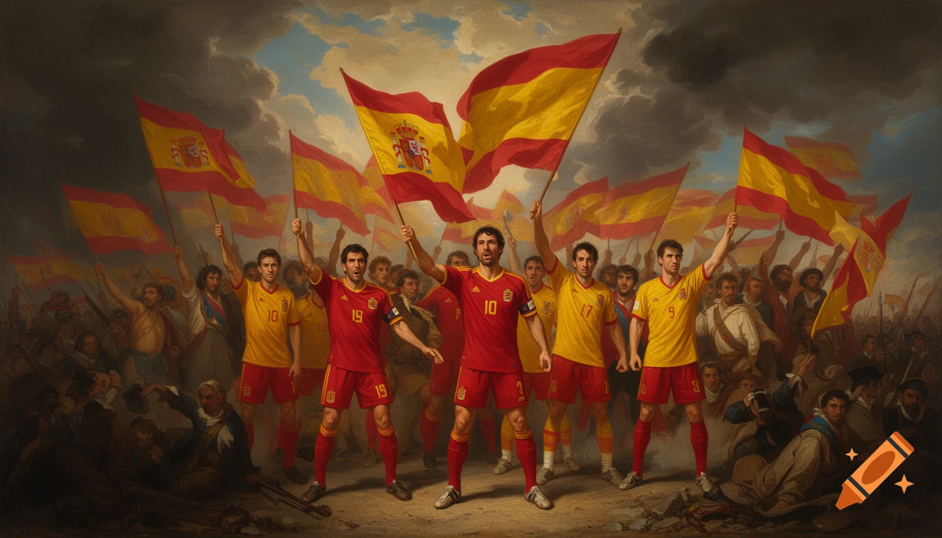 An oil painting depicting modern Spanish football players in red and yellow kits, waving Spanish flags, in a dramatic, historical-style crowd scene.