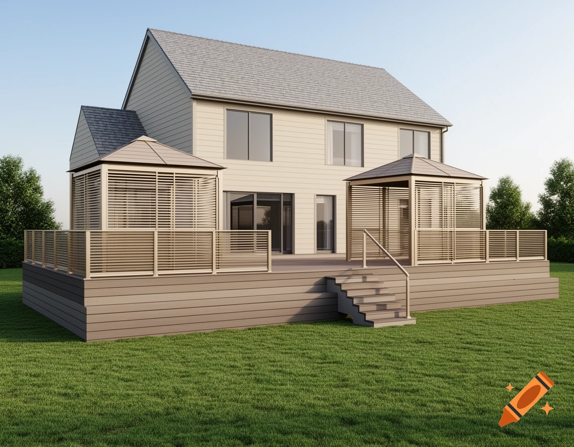 A modern two-story house with a large multi-level deck featuring two louvered gazebos, stairs, and a green lawn.
