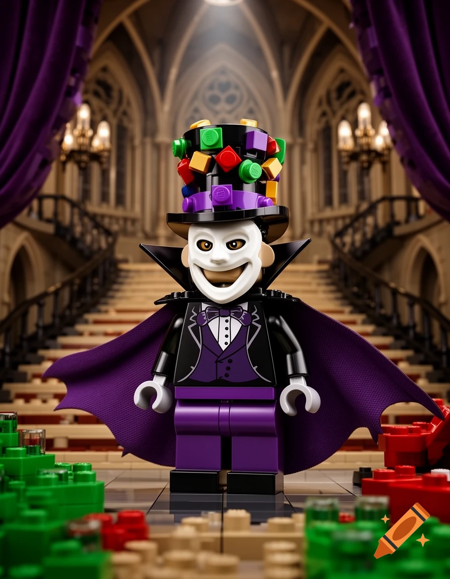 A detailed Lego minifigure resembling a fusion of Dracula, Mad Hatter, and Phantom of the Opera, stands in a grand gothic hall.