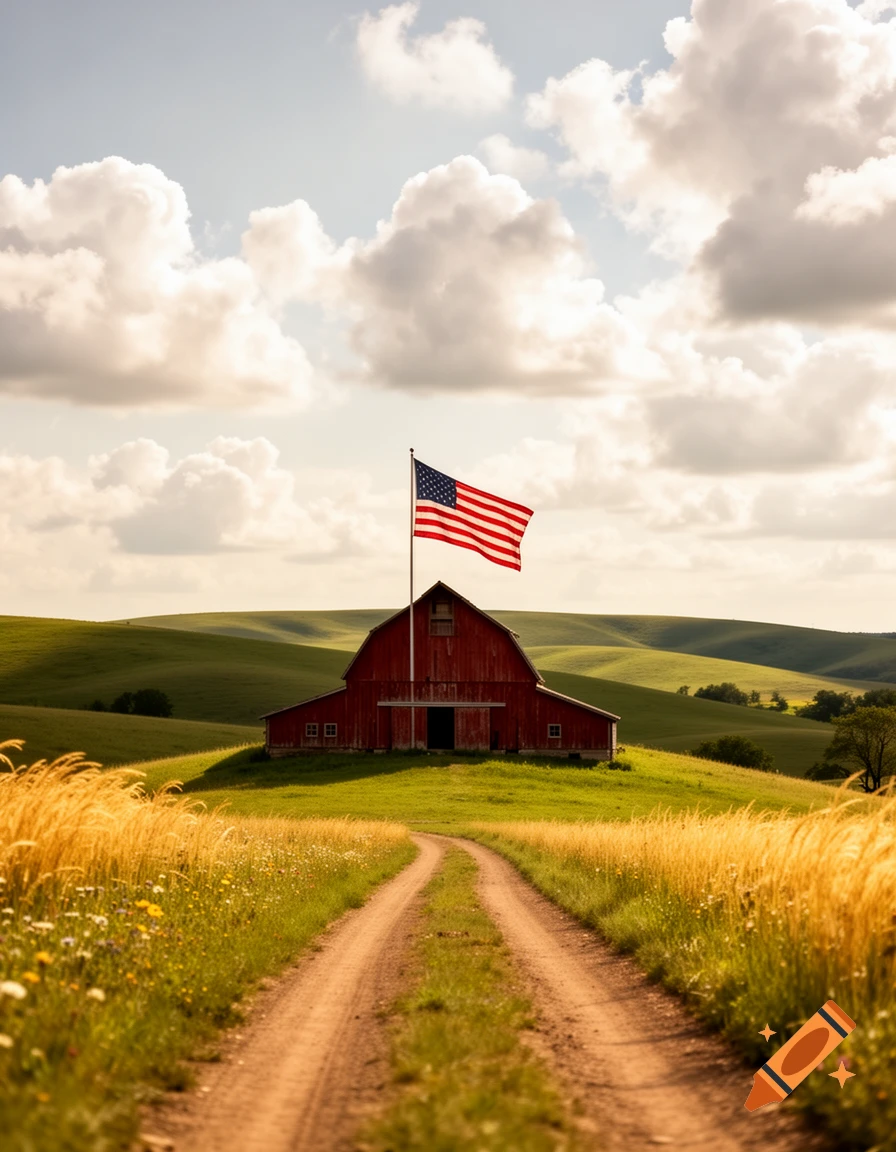 A dirt road leads to a red barn flying an American flag on a hill, surrounded by golden fields and green hills under a cloudy sky.