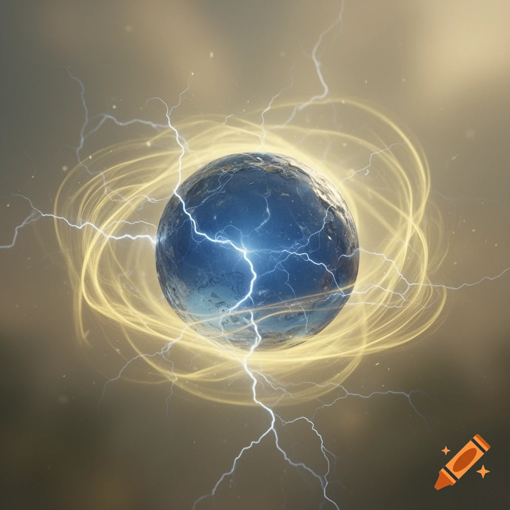 A blue textured orb crackling with white lightning, surrounded by swirling yellow energy against a muted brown background.