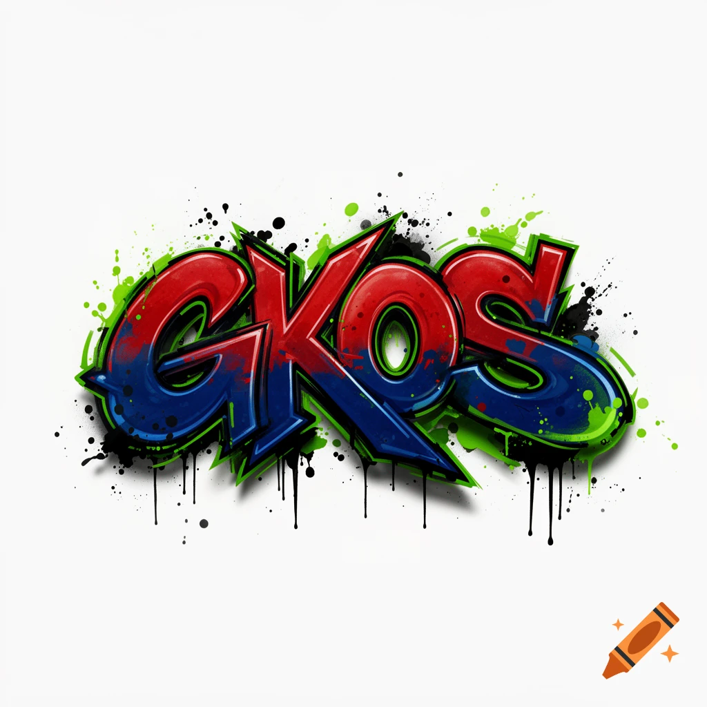 Stylized graffiti tag spelling GKOS in red and blue with green outlines, surrounded by paint splatters and drips on a white background.