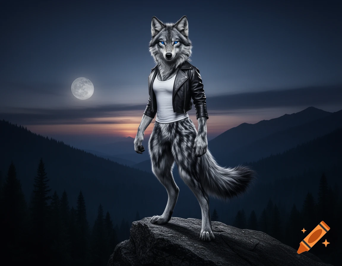 Photorealistic gray anthropomorphic wolf with blue eyes, wearing a white tank top and leather jacket, stands on a cliff under a full moon at twilight.