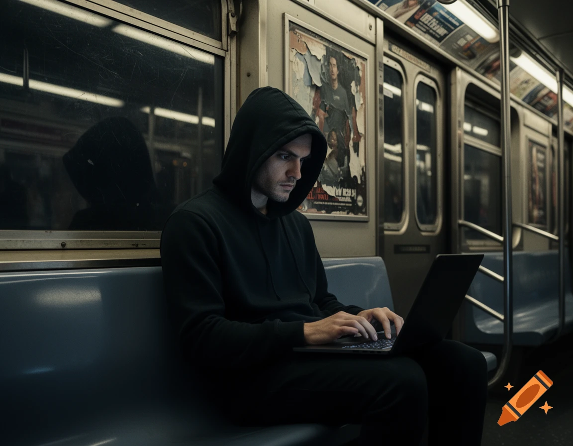 A man in a black hoodie intently types on a laptop while sitting on a subway train, with posters visible in the background.