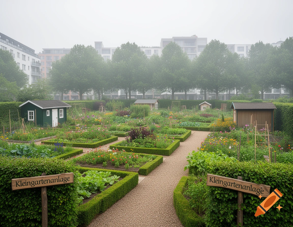 A foggy urban community garden with numerous cultivated plots, small sheds, gravel paths, and buildings in the background. Signs read 'Kleingartenanlage'.