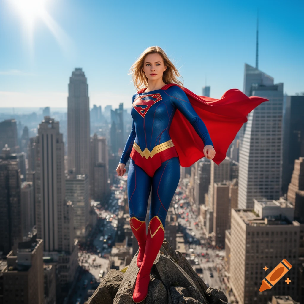 Photorealistic image of Supergirl in her blue and red suit, standing confidently on a rocky peak overlooking a vast cityscape.