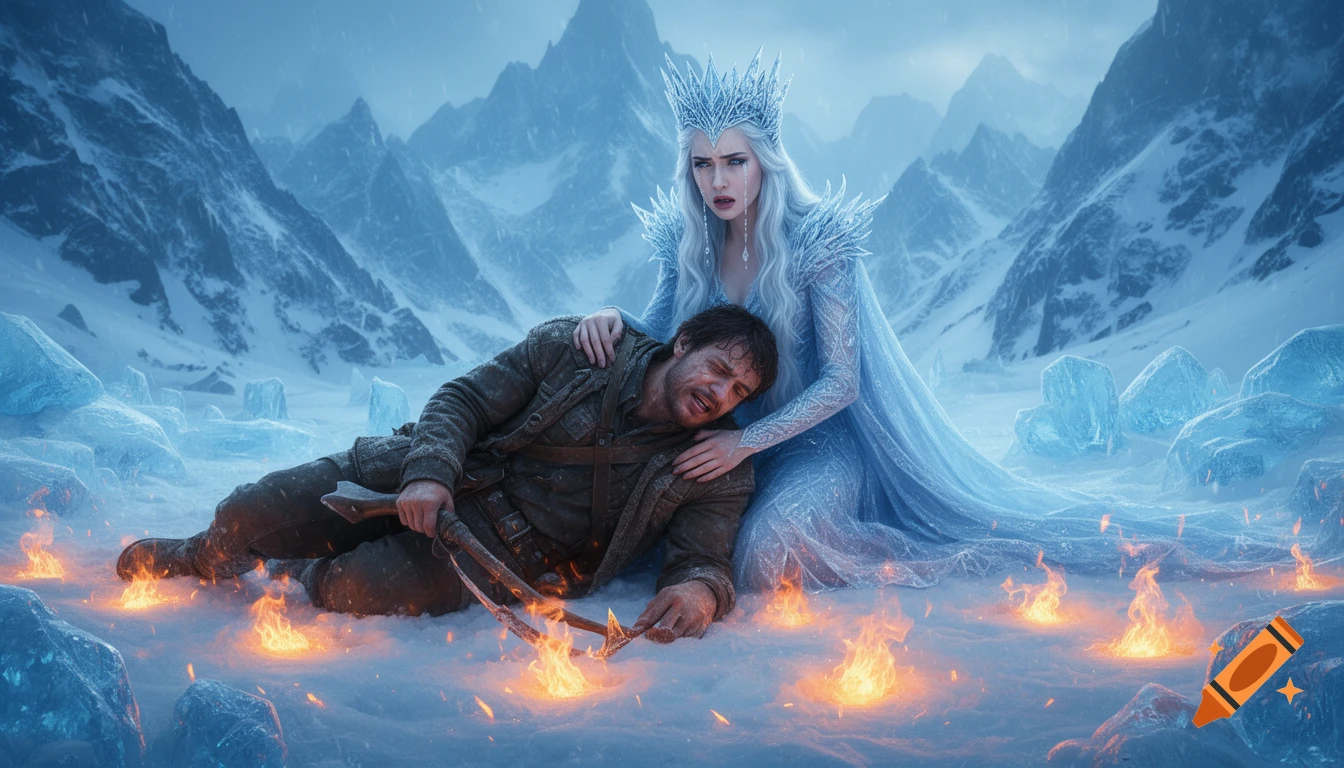 Photorealistic image of an ice queen kneeling beside a wounded hunter in a frozen mountain landscape, with small fires melting snow.