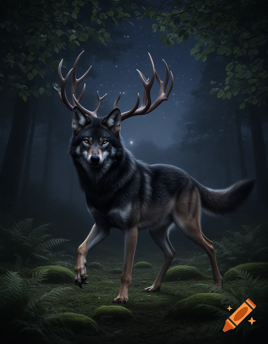 A majestic, dark wolf-deer hybrid with large antlers stands in a mossy forest under a star-filled night sky.
