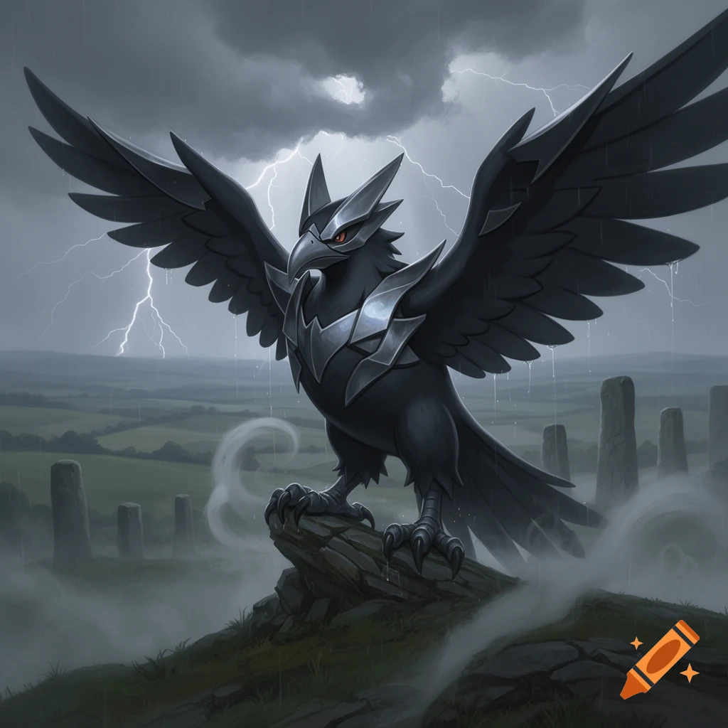 A dark armored Corviknight, a Pok emon, with widespread wings perches on a rock amidst a stormy landscape with lightning and standing stones. Digital art.