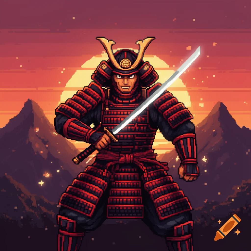 A pixel art samurai in red and black armor holds a katana, silhouetted against a setting sun over mountains.