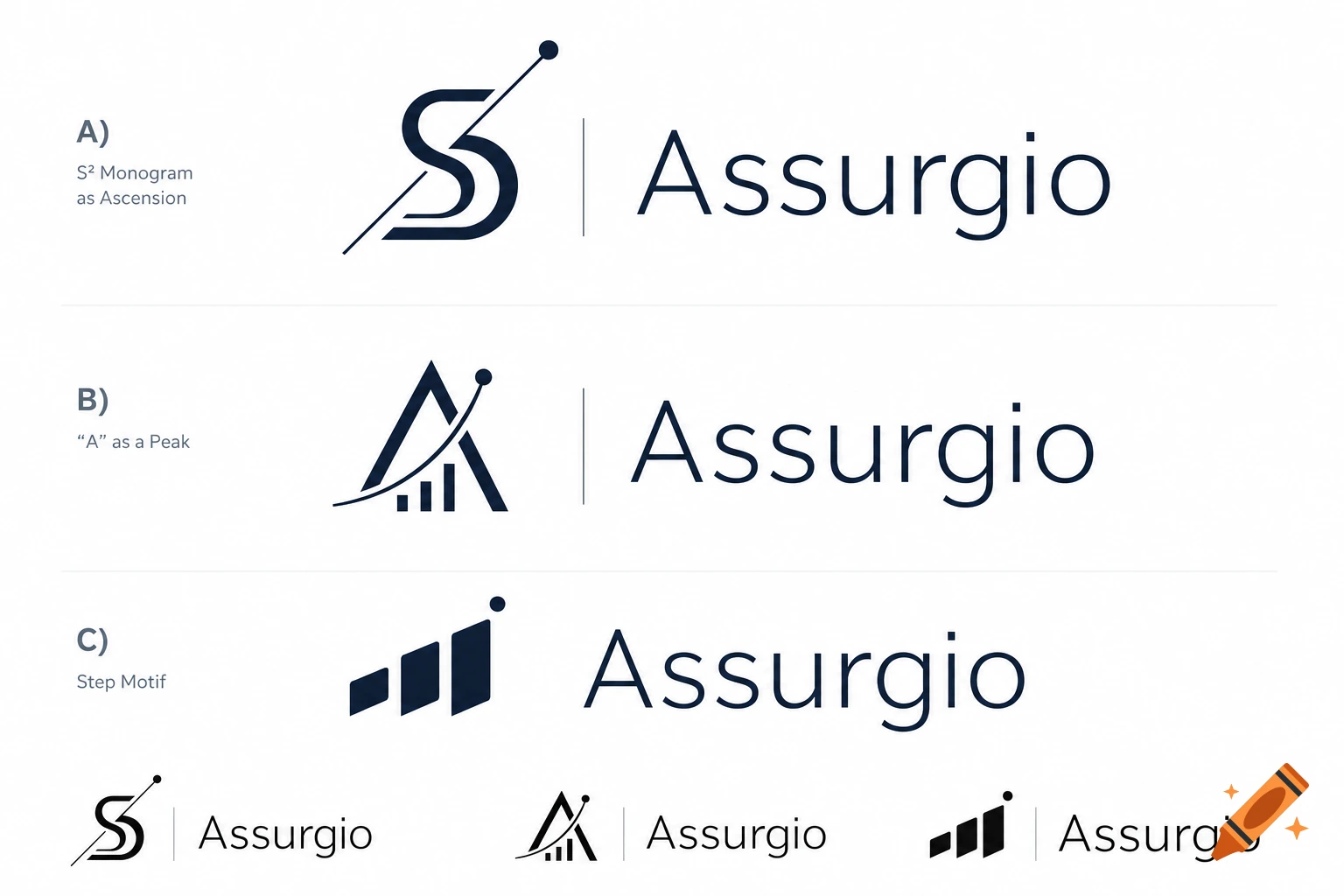 Three professional logo concepts for 'Assurgio', featuring abstract geometric designs and the company name.