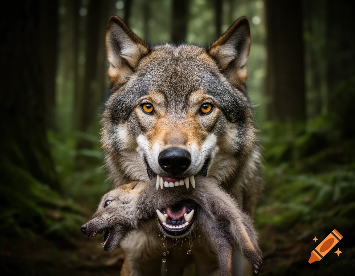 A large wolf with intense orange eyes holds a small, deceased animal in its mouth, standing in a dark forest.