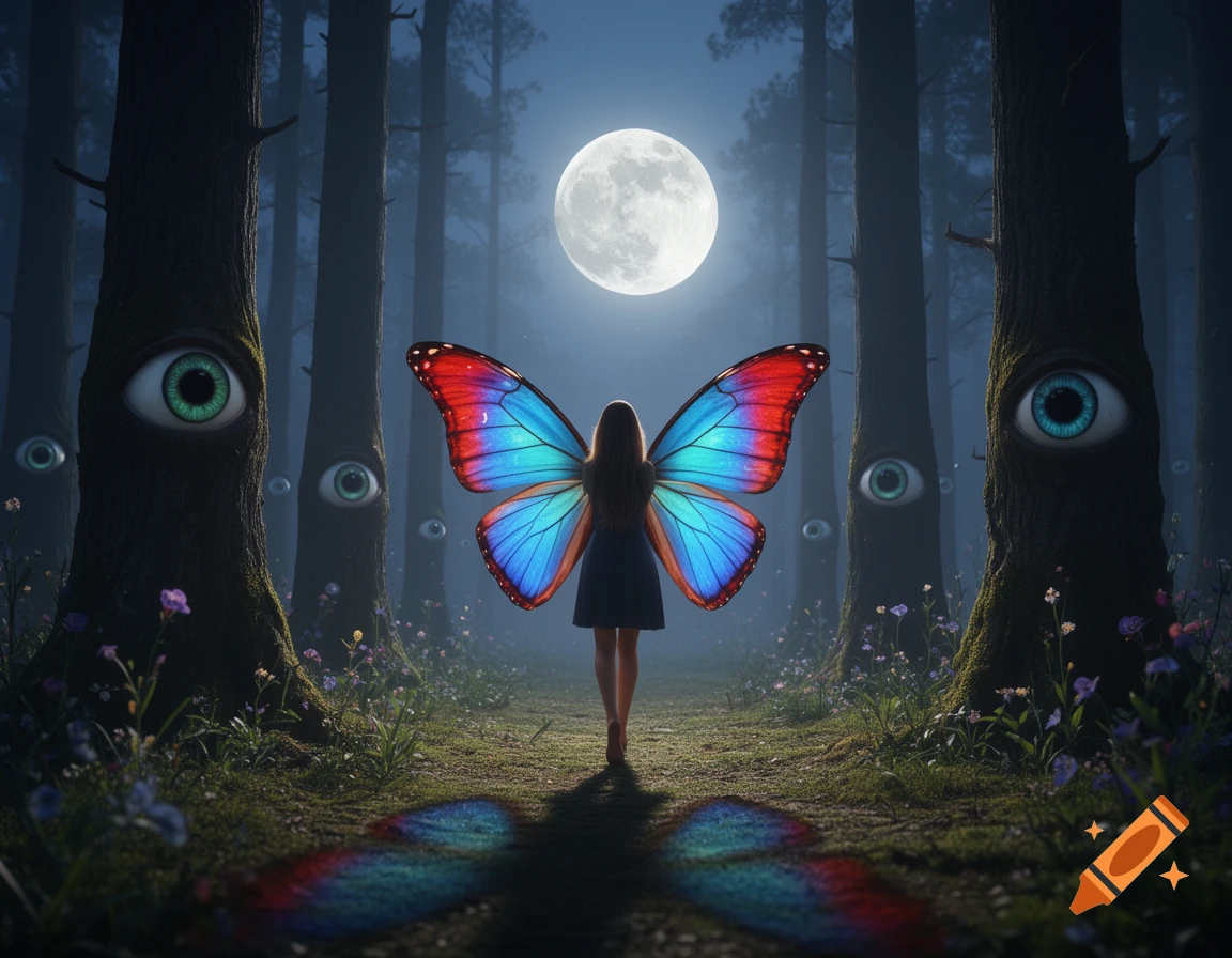 A woman with vibrant butterfly wings walks through a dark, surreal forest where eyes grow on trees, under a bright full moon.