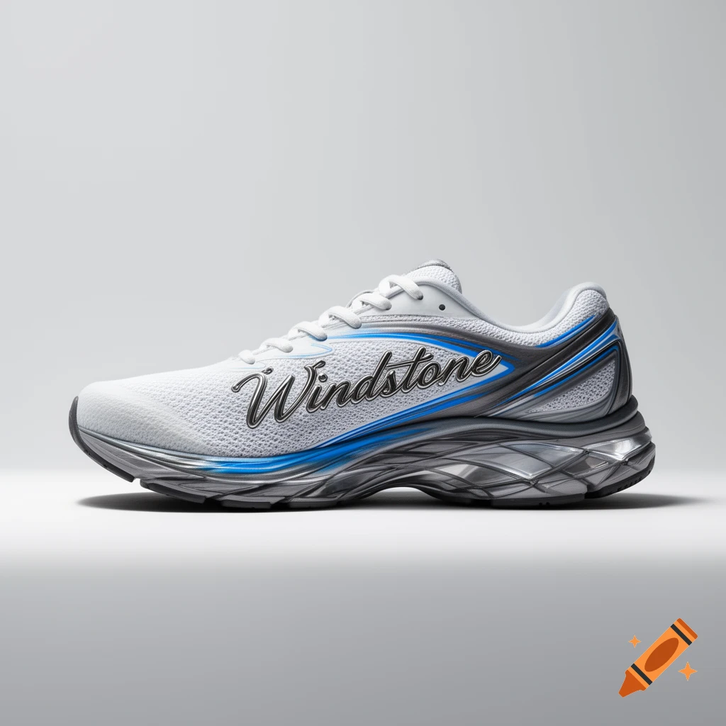 A white and blue athletic shoe with 'Windstone' branding on its side, presented against a soft gray background.