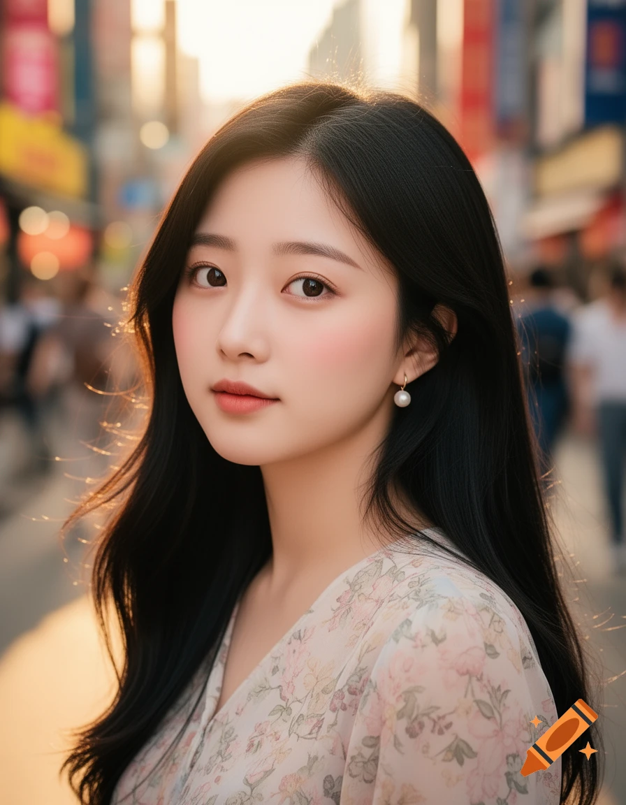 Photorealistic portrait of a young Korean woman with long black hair and a floral top, standing on a city street at sunset.