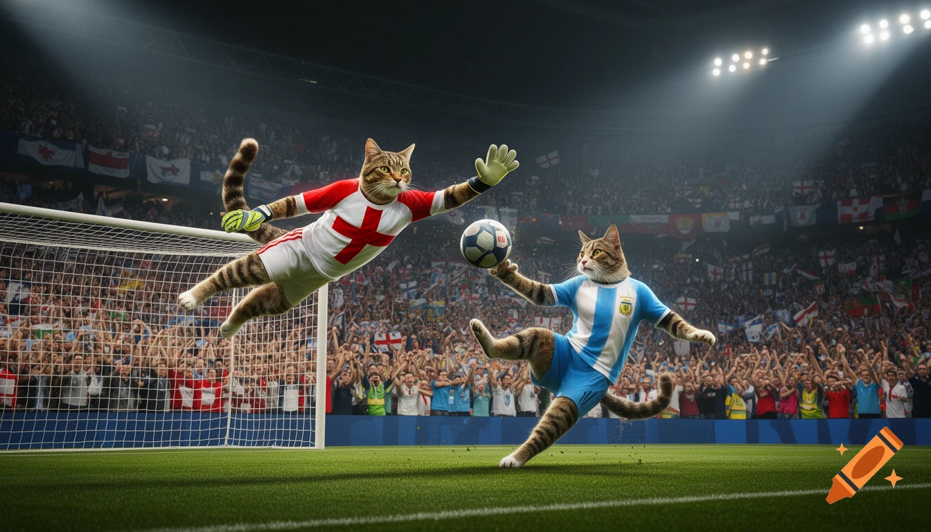 Photorealistic image of an English cat goalkeeper leaping to block a soccer ball kicked by an Argentinian cat player in a crowded stadium.