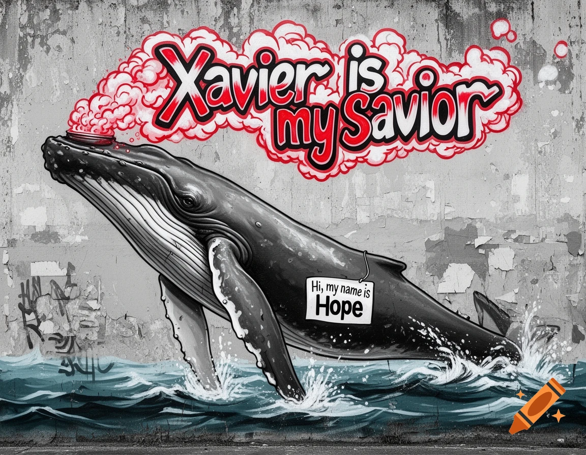Graffiti art of a gray whale breaching water, blowing red smoke that spells "Xavier is my Savior." A tag reads "Hi, my name is Hope."