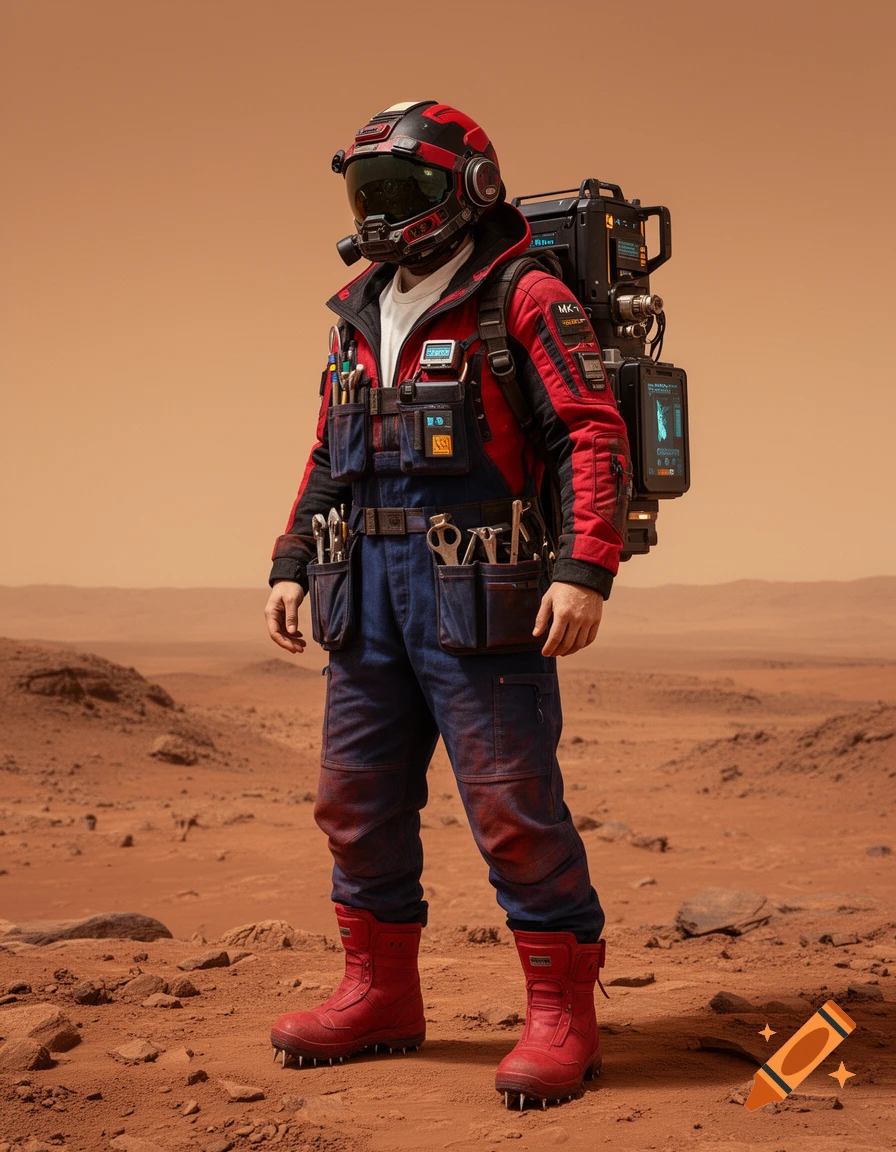 A futuristic astronaut in a red and blue suit with a helmet and tools stands on the rocky, reddish surface of Mars.