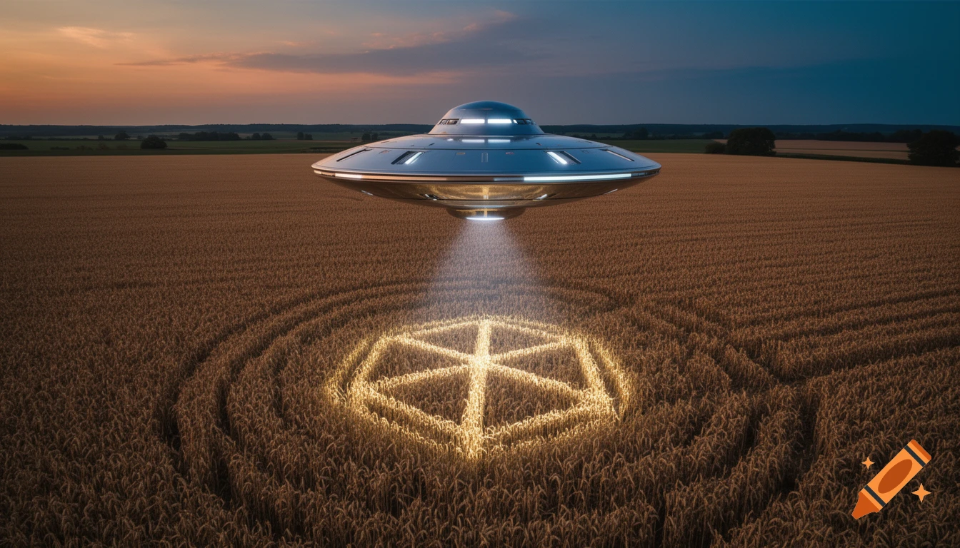 A silver UFO hovers over a golden wheat field at sunset, creating a glowing geometric crop circle with a light beam.