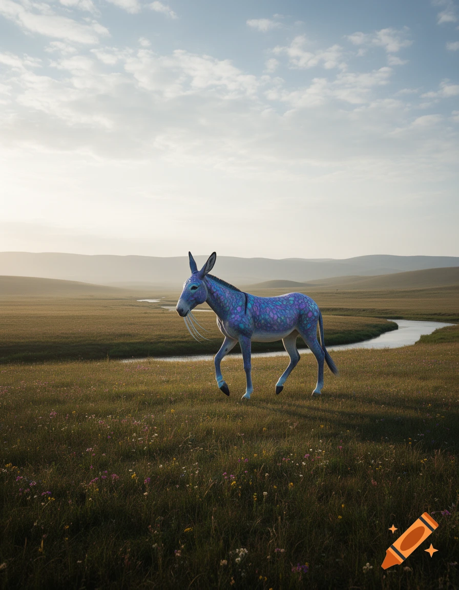 A photorealistic image of a blue and purple patterned alien mule walking in a sunlit green field with a winding river.
