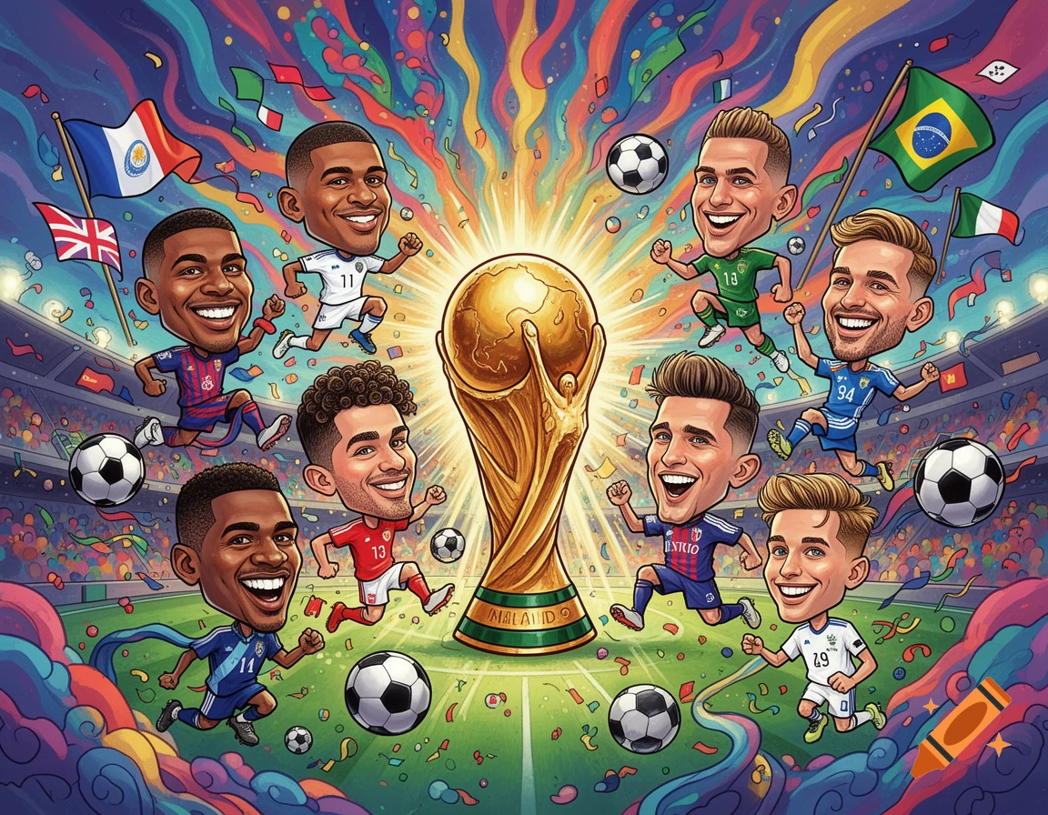 Cartoon caricature of multiple male soccer players celebrating around a glowing golden World Cup trophy in a stadium, with flags and confetti.