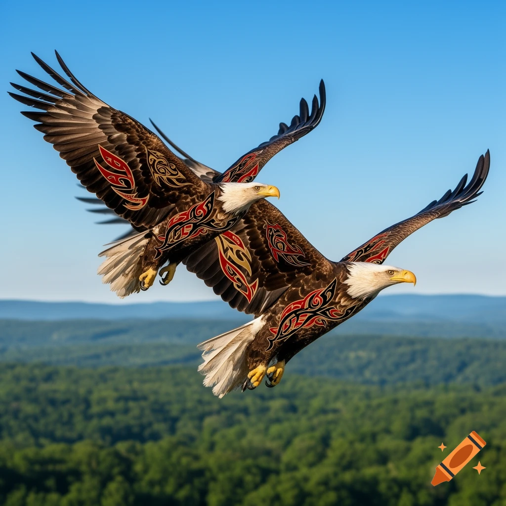 Two majestic bald eagles with red and black tribal patterns on their wings soar over a lush green forest under a clear blue sky.