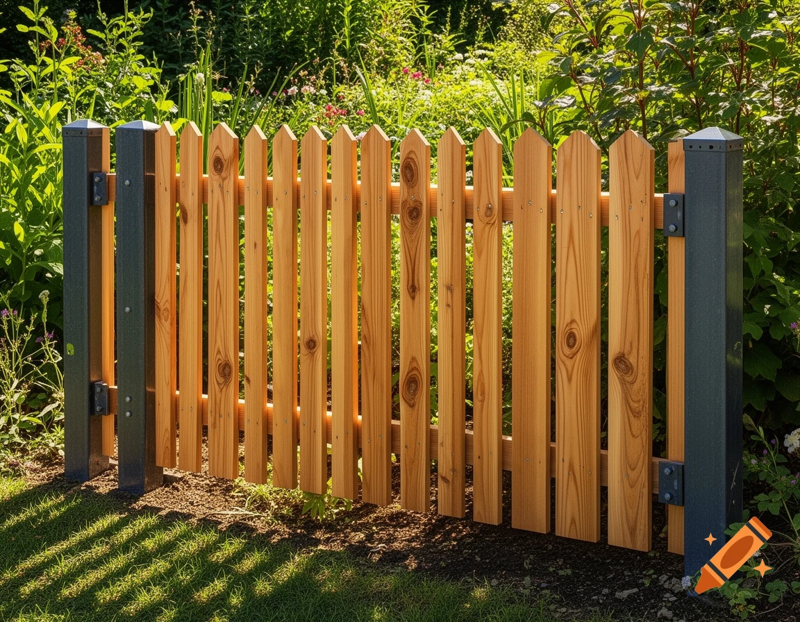 A natural wood picket fence with dark metal posts stands in a sunny garden with green foliage and dappled light.