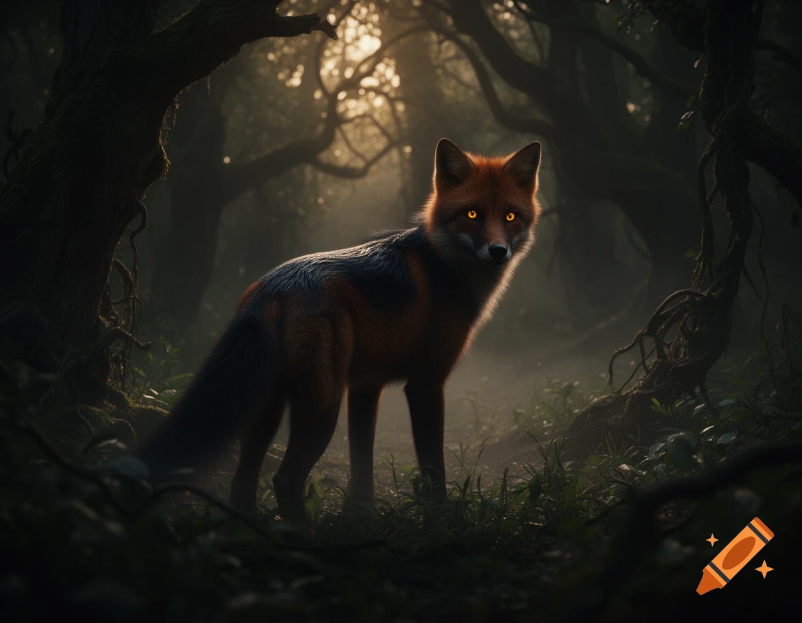 A photorealistic fox with glowing orange eyes stands in a dark, misty forest with gnarled trees.