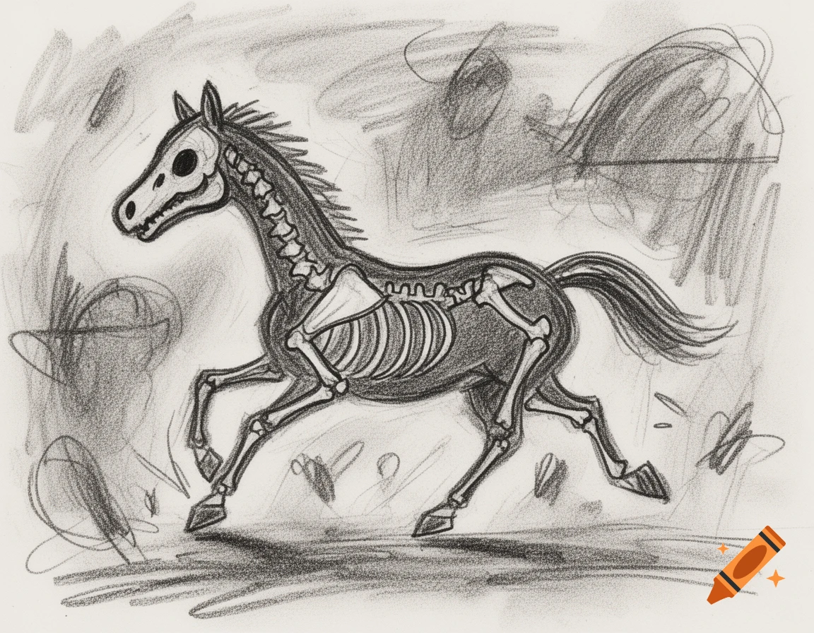 A charcoal sketch of a running horse with visible skeletal features, in a style resembling a child's drawing.