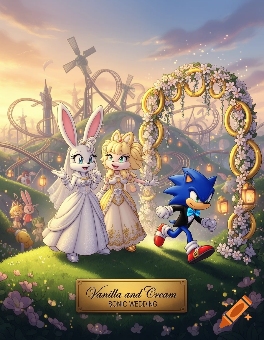 Vanilla and Cream, Sonic characters, in wedding dresses with Sonic in a tuxedo, in a whimsical landscape with rollercoasters at sunset.