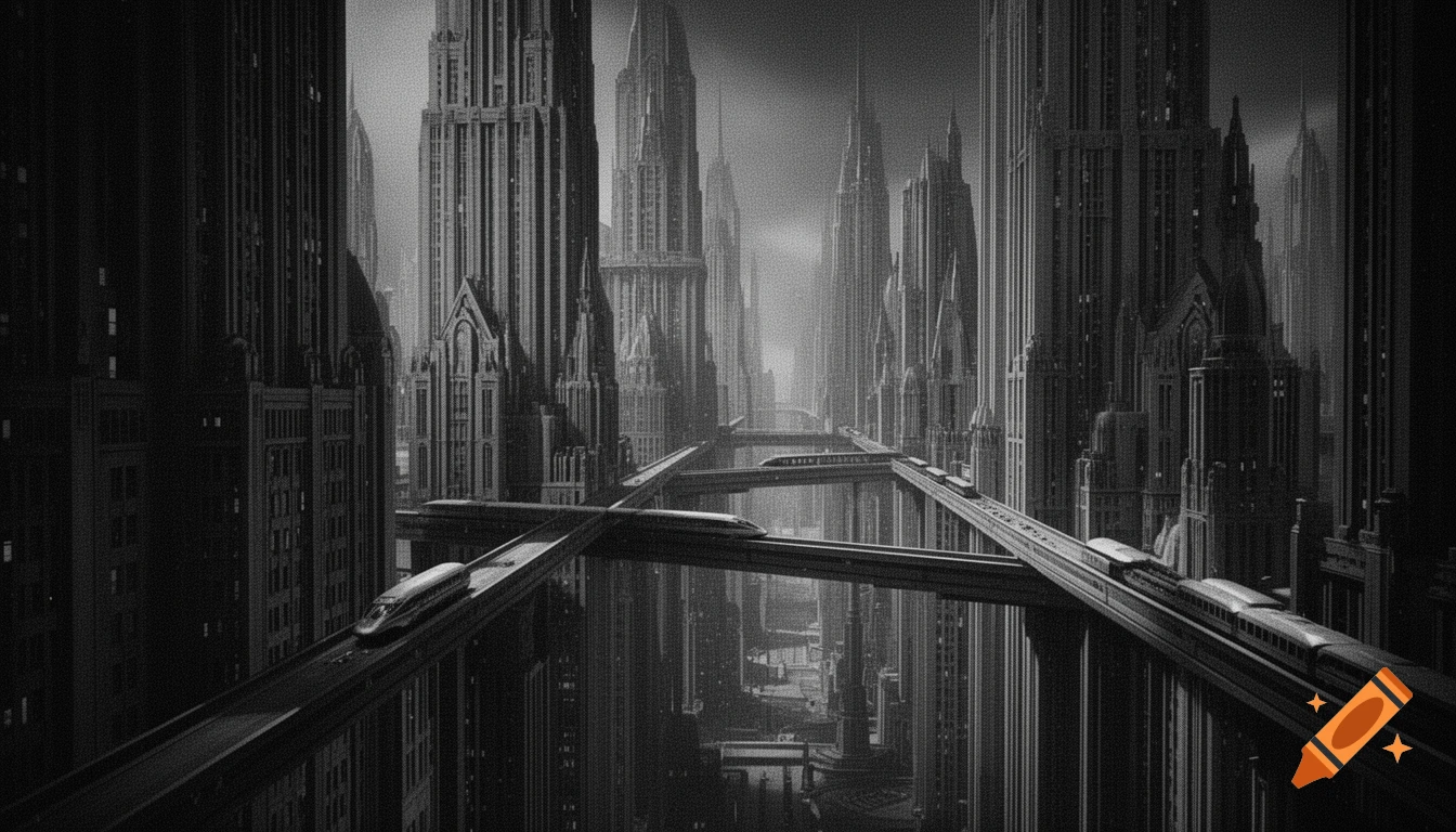 A black and white image of a futuristic city with towering Art Deco skyscrapers and elevated monorail tracks with trains, rendered with coarse film grain.
