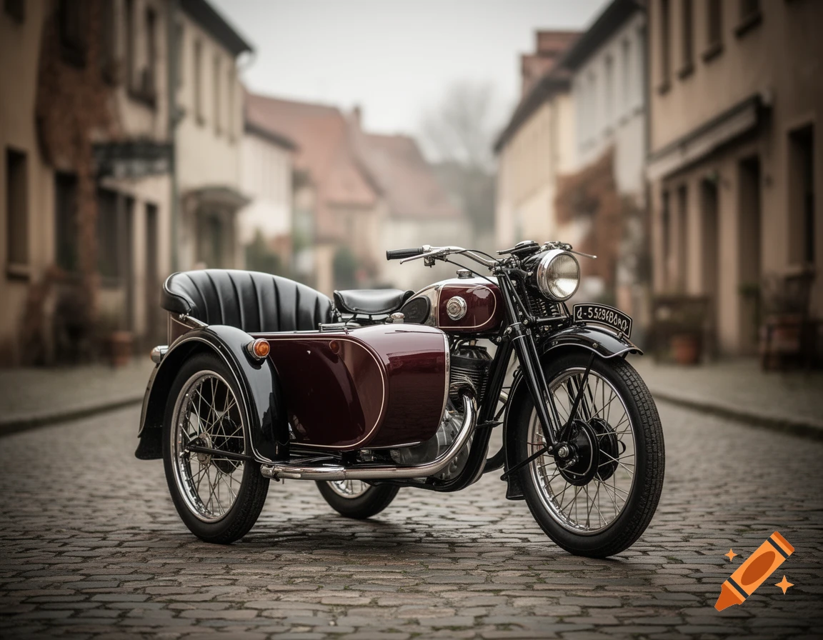 A vintage dark red and black motorcycle with a sidecar is parked on a cobblestone street in a European town, with blurred buildings in the background.