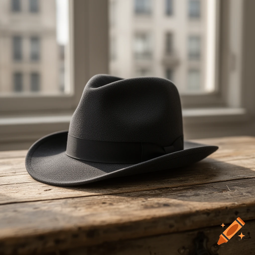 A dark gray fedora hat with a black ribbon band, resting on a rustic wooden table. A blurred window and building are in the background.