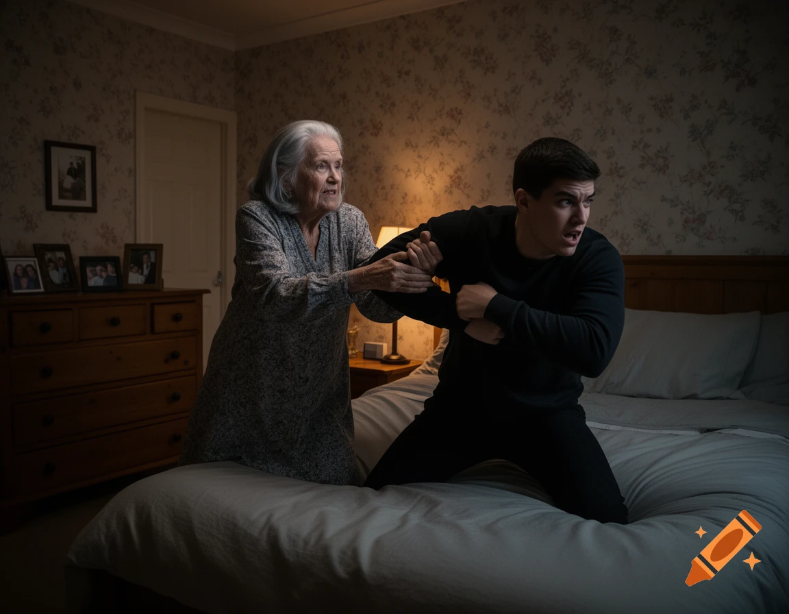 An old woman holds onto a young man in a dark bedroom, as he tries to pull away in a tense, photorealistic scene.