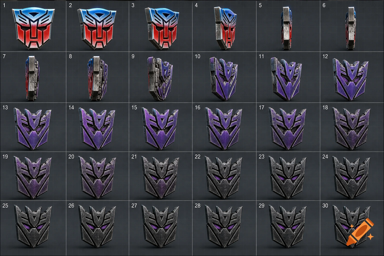 A grid of 30 3D rendered Transformers logos, showing an Autobot logo morphing into a Decepticon logo and spinning.