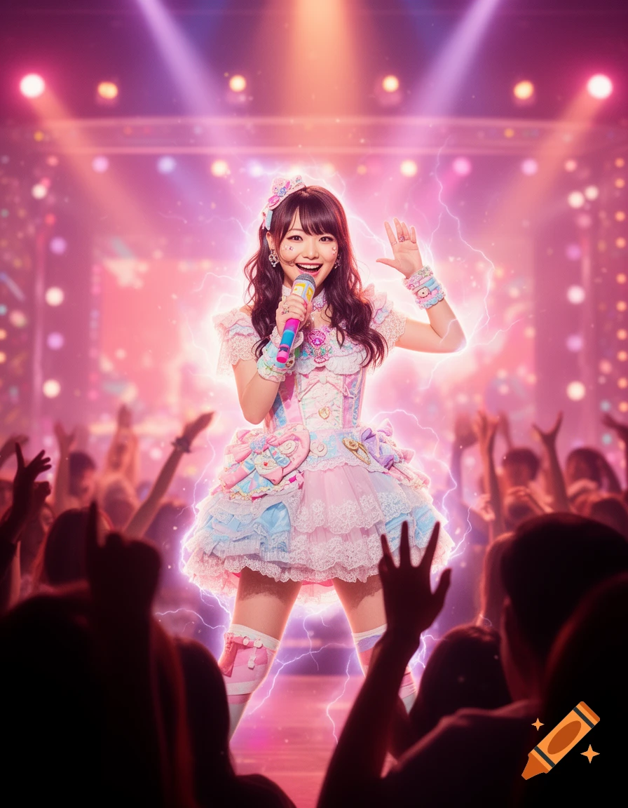 A Japanese idol sings on stage in a frilly pink and blue dress, surrounded by glowing energy and an audience.