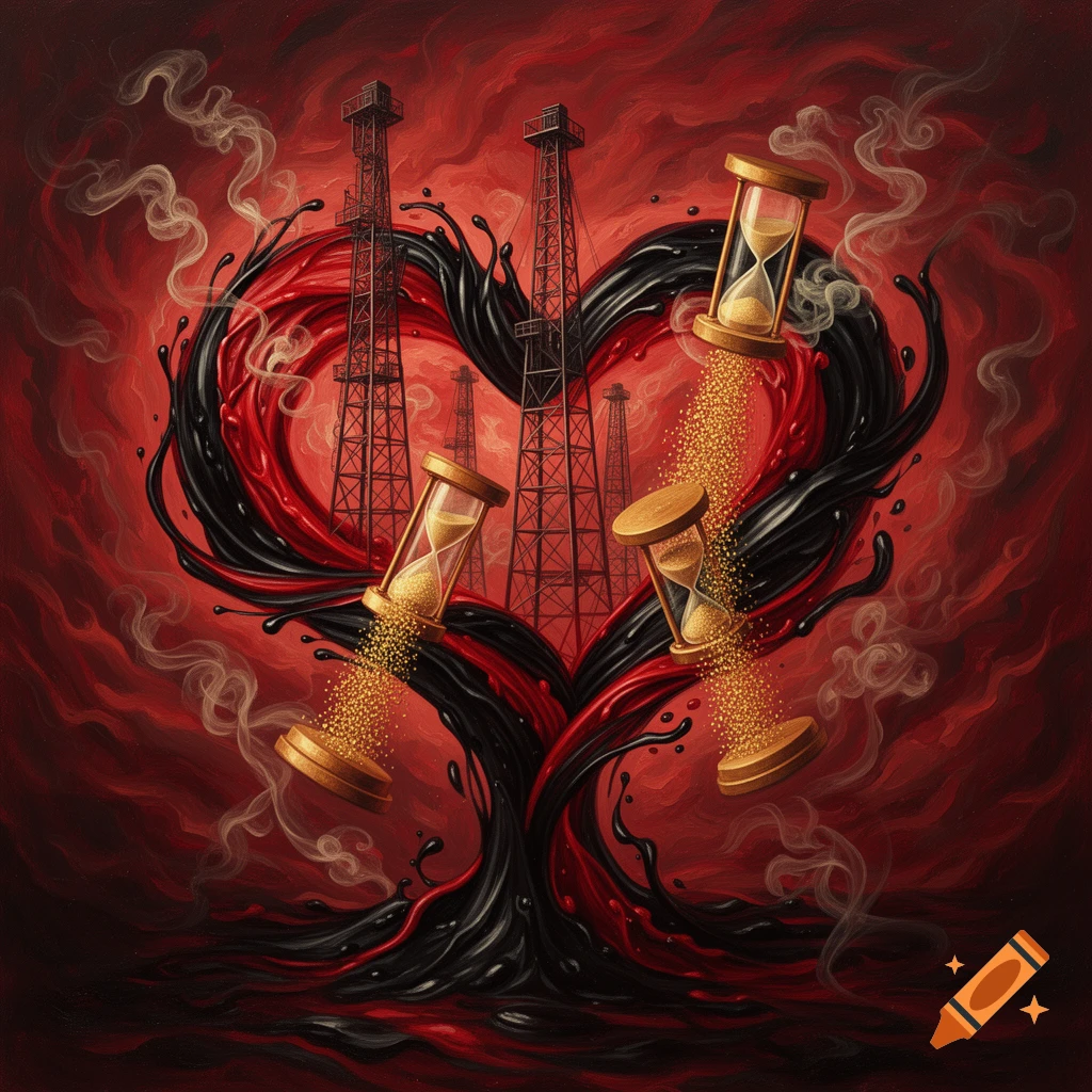 Abstract painting of a heart-shaped swirl of black oil and red liquid, with oil derricks and golden hourglasses on a smoky red background.