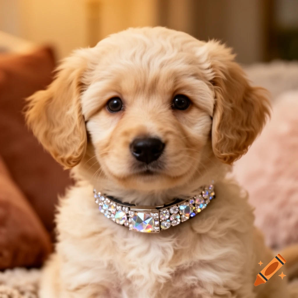 A fluffy golden puppy wearing a black collar embellished with large, iridescent crystals looks at the viewer.