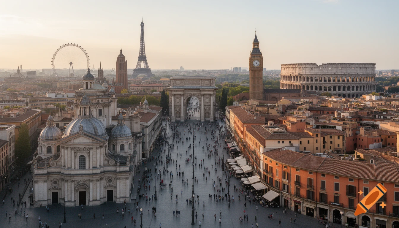 An impossible cityscape featuring the London Eye, Eiffel Tower, Arc de Triomphe, Big Ben, and the Colosseum, with a baroque church and a pedestrian zone full of people.
