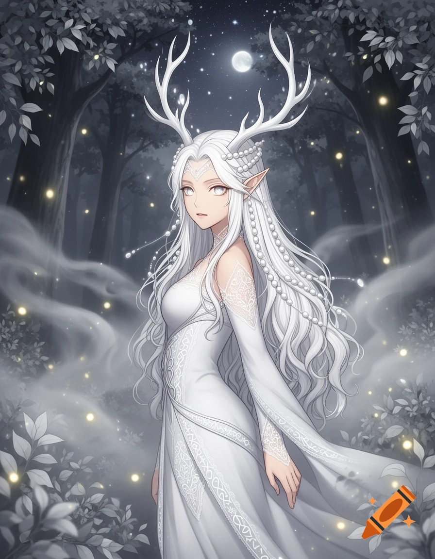 Anime female fae with white antlers, pearl eyes, and long white hair, wearing a white elvish dress in a magical forest at night under a full moon.
