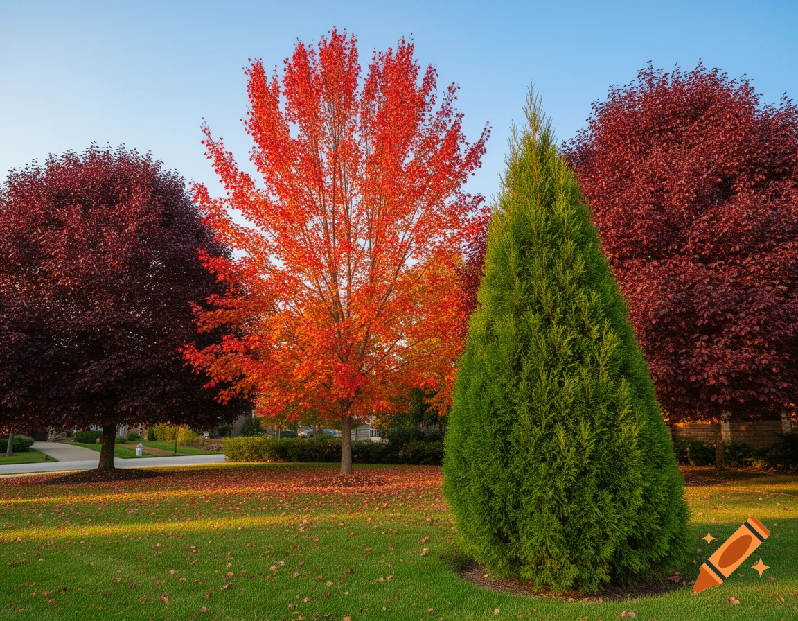 A vibrant autumn landscape featuring red, orange, and deep green trees on a sunlit lawn with fallen leaves, under a clear blue sky.