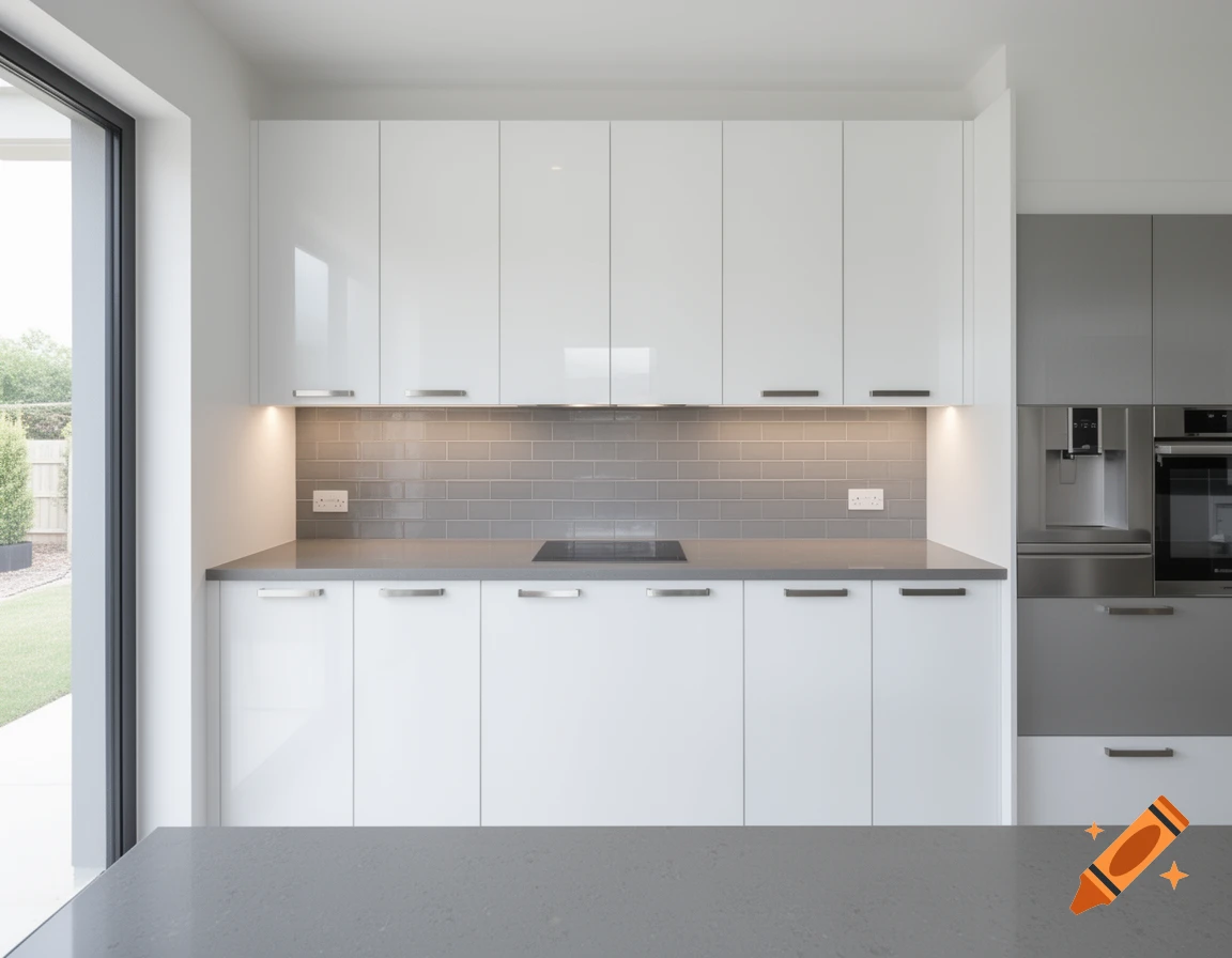 A modern kitchen with white cabinetry, grey countertops, a tiled backsplash, and built-in appliances.